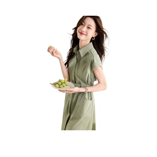 Mo Han Yi Mei Короткий рукав Платье Женское Серый Зеленый