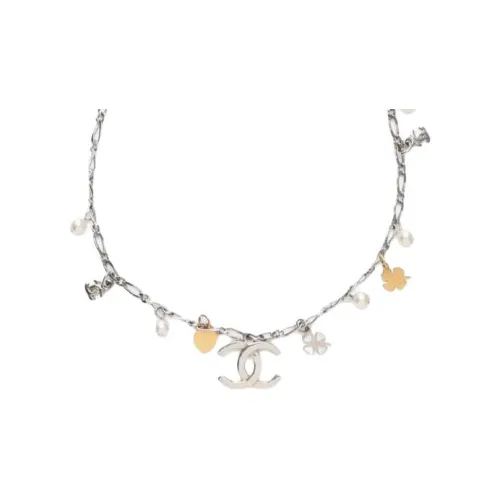CHANEL CC Серебряный Покрытый Искусственный Жемчуг Ожерелье Унисекс Серебряный