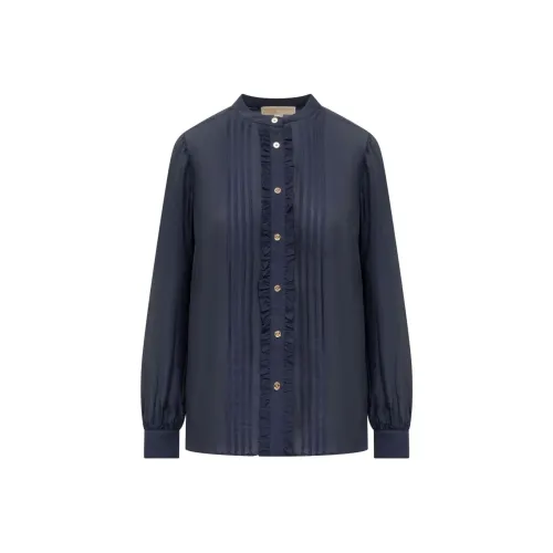MICHAEL KORS SS23 Рубашка из жоржетового шелка с оборками и плиссировкой Женская Темно-синяя