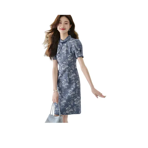 Mo Han Yi Mei Короткий рукав Платье Женское Синий с Белым Цветочным