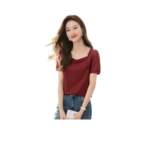 Mo Han Yi Mei Рукав-буф Т-рубашка Женская Темно-красная