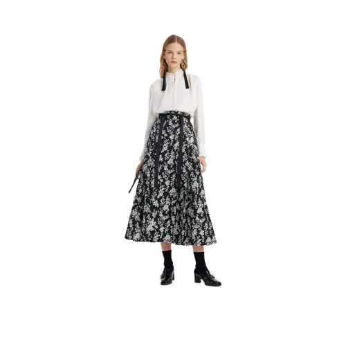 GOELIA Повседневный Длинный Юбка Женские Черный с Экрю Камелия Жаккард