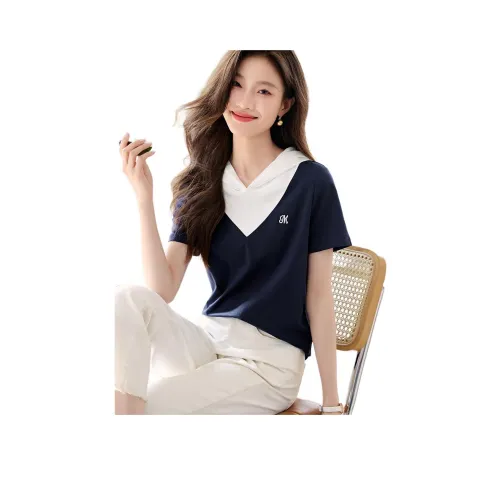 Mo Han Yi Mei Стандартная T-рубашка Женская Темно-синий и Белый