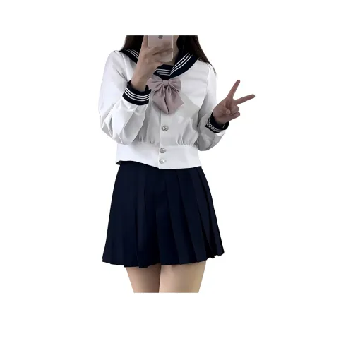 Shuhao Bai С утяжкой на талии Рукав буф Белый THREE Пуговица Длинный Sleeved+Дымчато-розовый Галстуки-бабочки+Темно-синий Короткая юбка Женские Униформа