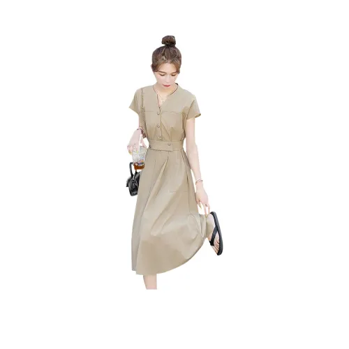 Cypress House Короткий рукав Платье Женское Хаки