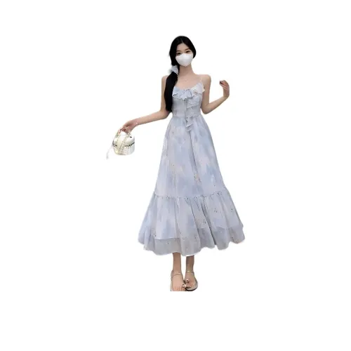 MORii Голубой цветок Платье [Один Юбка] Женские Слиплатья