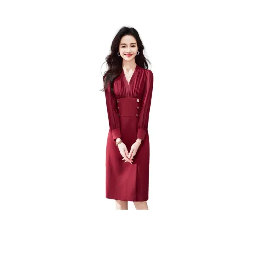 Fele.d Длинное платье с длинными рукавами женское бордового цвета