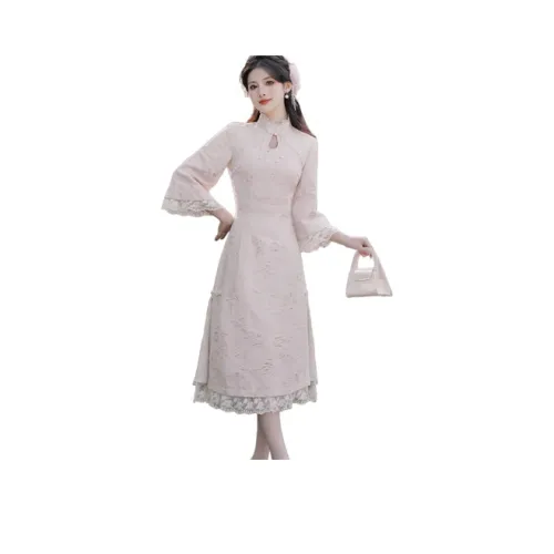 Mochahome Длинное платье с длинными рукавами женское светло-розовое