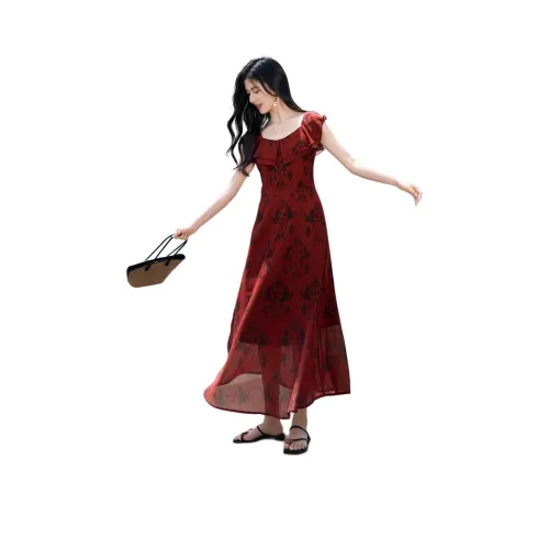 XWI Red with Black Flower Женские Платья без рукавов