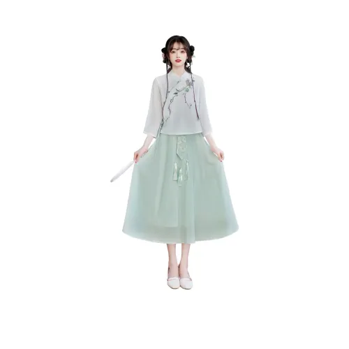 EFCR Белый топ + Светло-зеленая юбка женские Ханьфу