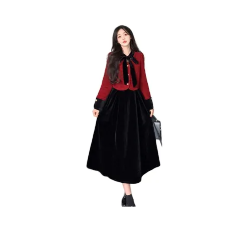 GULIANFEI Длинное платье с длинными рукавами женское красное и черное