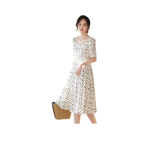 XWI Короткий рукав Платье Женское Бежевый в горошек