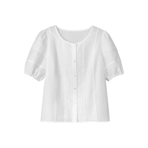 Fstudio Летний Корейский стиль Маленький Однотонный Минималистский стиль Круглый вырез Рукав буф Рубашка Женская