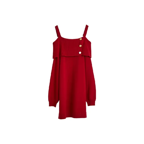 ELLE Длинное платье с длинными рукавами женское красное