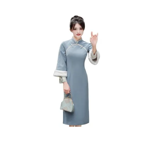 Красные цветные одежды Чонсам Женские Синий