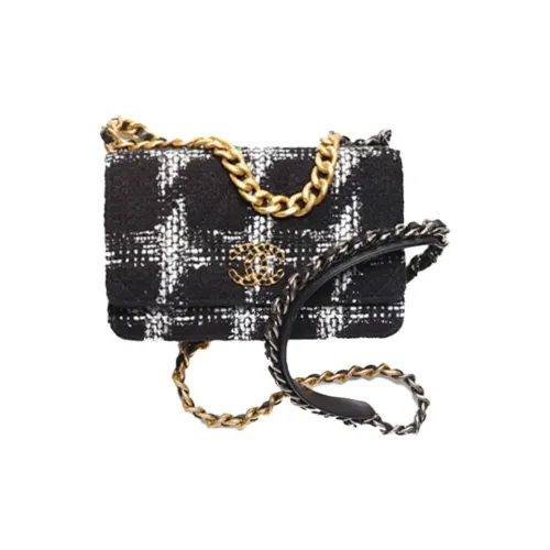CHANEL 19BagWOC Шерсть Смешанная с Мягкой Шерстяной Цепью Кошелек Сумка через плечо Женская Черно-Белая