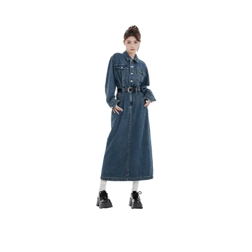 V.W.U Длинный рукав Платье Женское Темно-синий