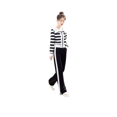 Cypress House Повседневный костюм Женская Белая Основа с Черными полосами Цветочный + Черные штаны