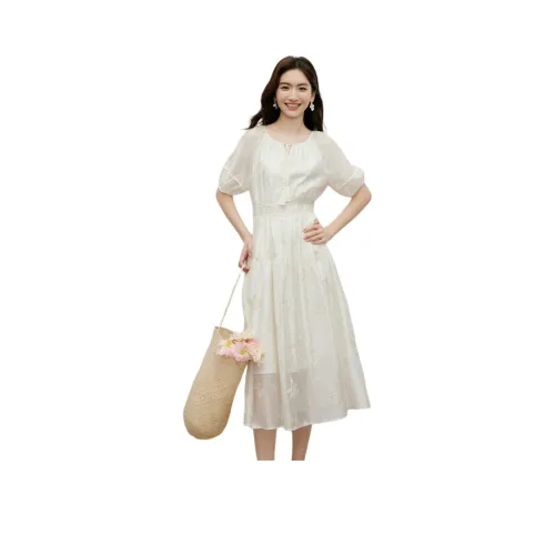 Hopeshow Короткий рукав Платье Женское Светлый Бежевый