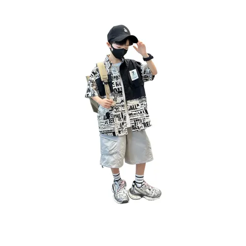 The panda is round Повседневная спортивная одежда Черная рубашка + Бежевые штаны Подростки