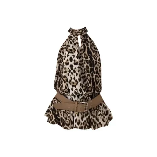 TSKIU Леопардовый принт Платье с ремнем + шорты Женские платья без рукавов