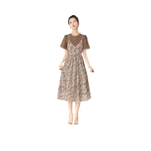 Cypress House Короткий рукав Платье Женское Темно-кофейное и Бежевое с цветами