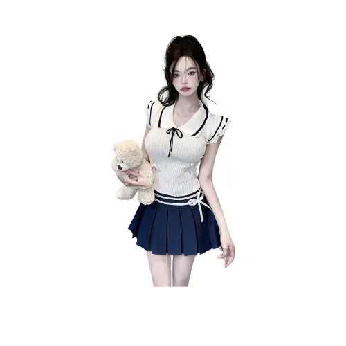 Garbege Белый топ + Синяя юбка Набор Женские комплекты с юбкой