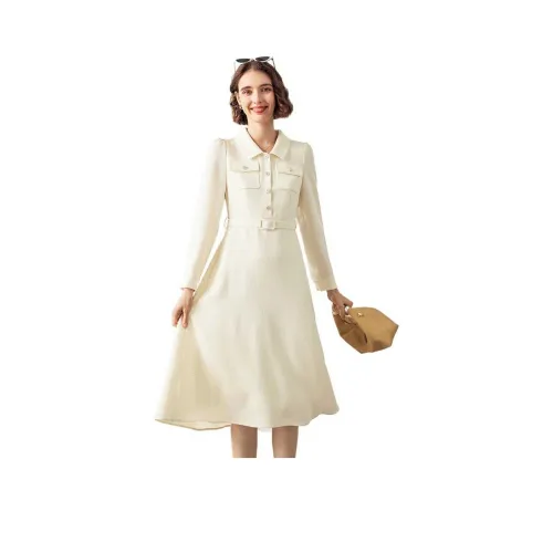 Famanxuan Длинное платье с длинными рукавами женское кремово-желтое