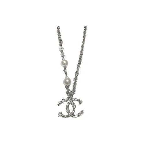 CHANEL COCO Pearl Metal Rhinestone Necklaces Women's Silver