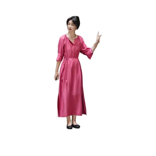 【Dme】 Короткий рукав платье женское розово-красное