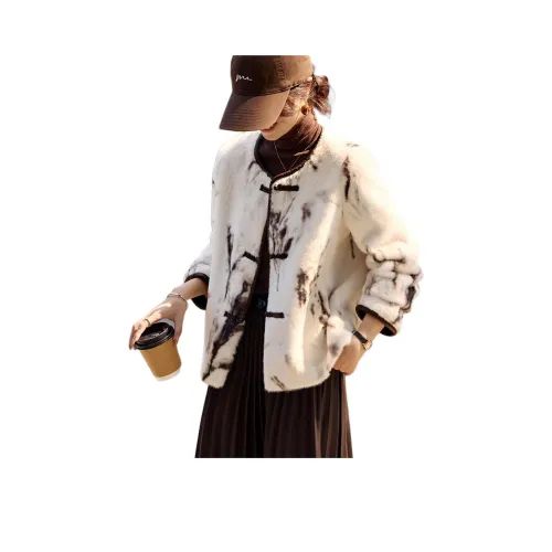 Mo Han Yi Mei Вельвет Feel Куртка Женская Бежевая с Кофейным Узором