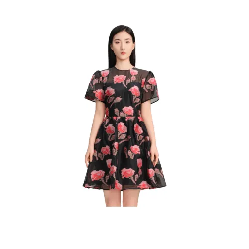 Blood Glitter Короткий рукав Платье Женское Черный цветок