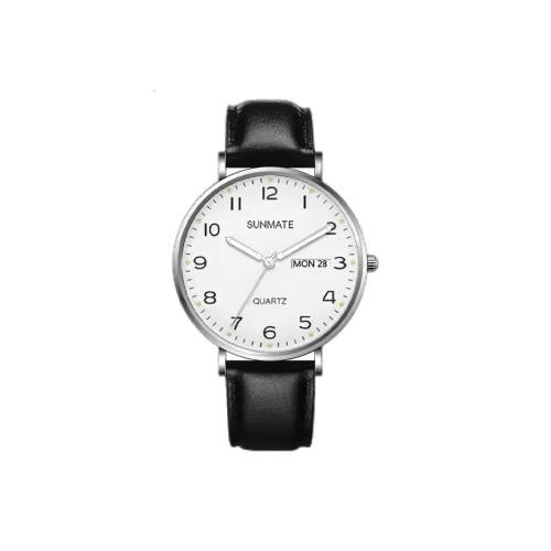 SUNMATE Кварцевый механизм натуральная кожа ремешок часы для мужчин белый циферблат