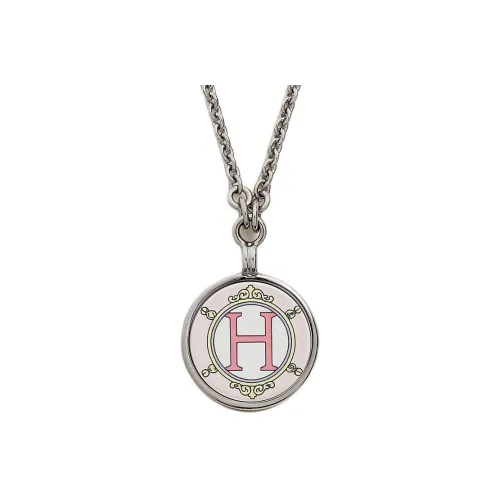 HERMES Medaille Blason Палладий Покрытый Металлический Компонент Эмаль Ожерелья Женское Серебро