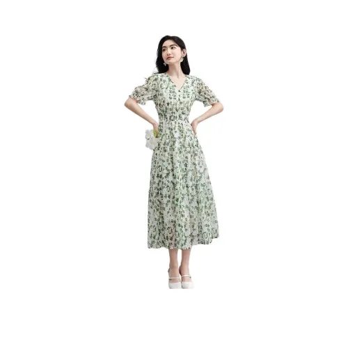 Hopeshow Короткий рукав платье женское многоцветное зеленый