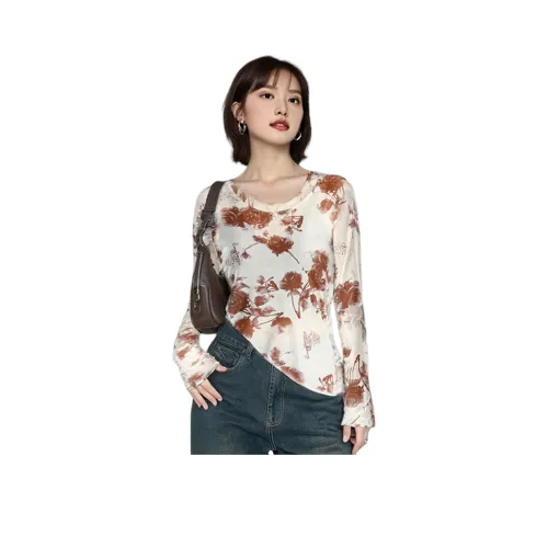 Wbwq T-рубашка Женская Абрикос с Кофейным цветочным узором