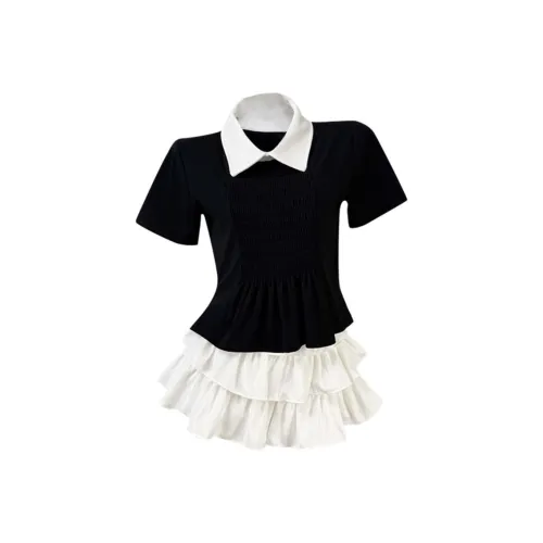 BIFH Черная рубашка с отложным воротником + белая пышная юбка, женские комплекты с юбкой