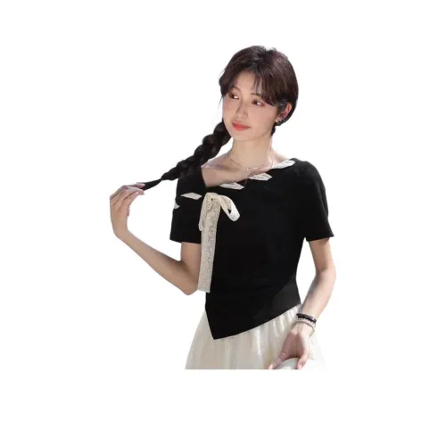 Mu Xiao Xin Черный топ с кружевом Crochet, шнур, женские футболки T-рубашки