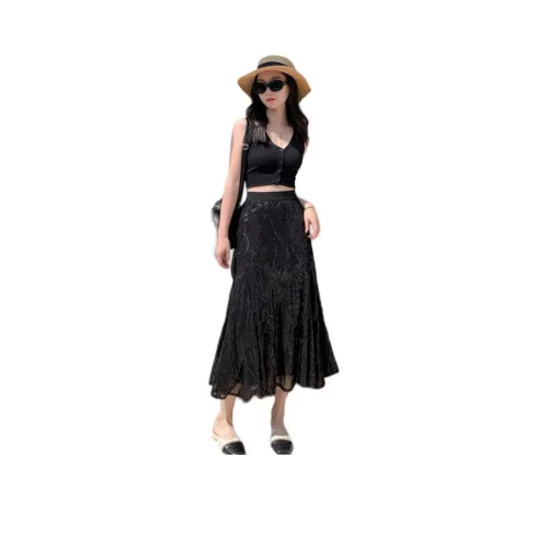 HTHK Повседневный Длинный Юбка Женская Черный Серебряный