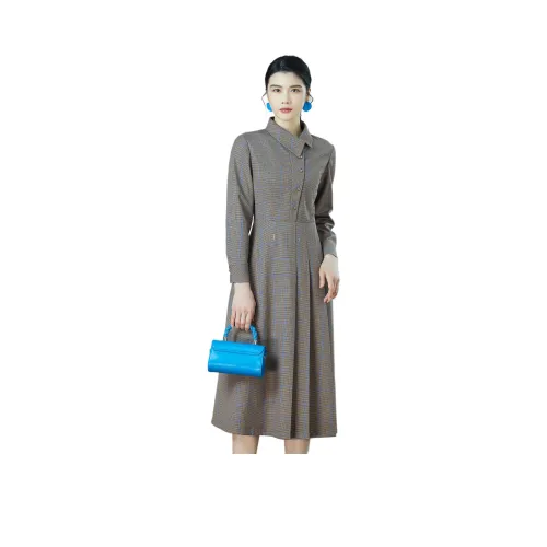 BBLLUUEE Длинный рукав Платье Женское Яркое Чайный коричневый