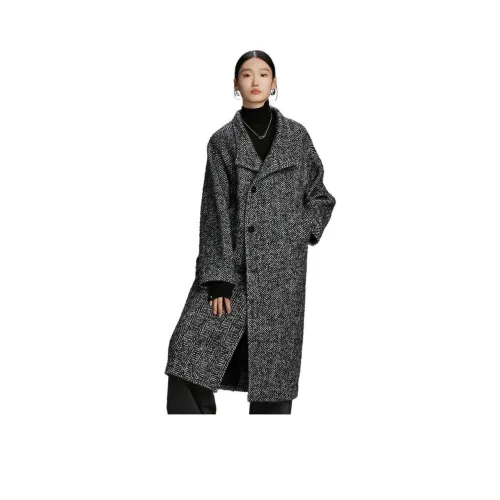 CHUMIAN Пальто Женское Черный Белый Елочка