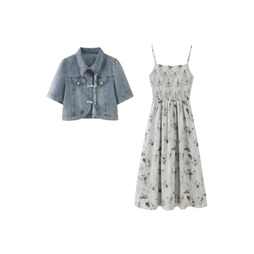 DGMZ Джинсовая куртка Цветочное платье Комплект с юбкой Женские комплекты