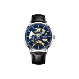 Серебряный корпус с синим циферблатом и кожаный ремешок [включает упаковку]