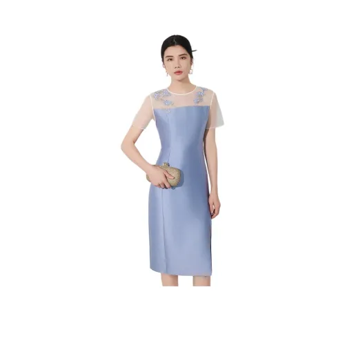 BBLLUUEE Короткий рукав Платье Женское Лунный свет Синий