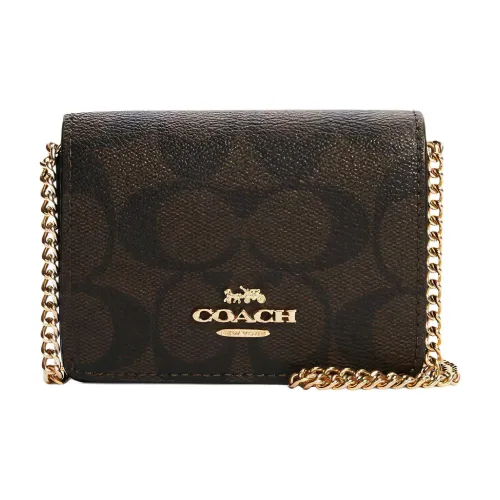 COACH Цепочка Холст с кожей Цепочка Кошелек Сумка через плечо Сумка на плечо Мини Женская Темно-коричневая