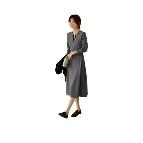 XWI Длинное платье с длинным рукавом женское средне-серого цвета