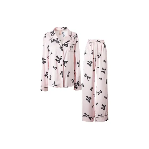 DPLAY SWEET Foundation Черный Бант, Длинный Sleeved Топ + Брюки Женские Пижамные Комплекты