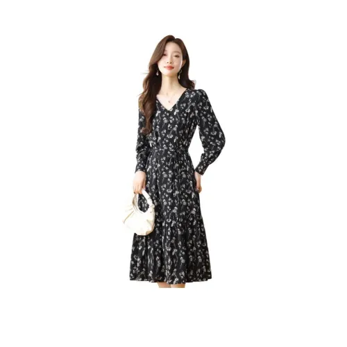 PIERRE CARDIN Длинное платье с длинными рукавами женское черное многоцветное