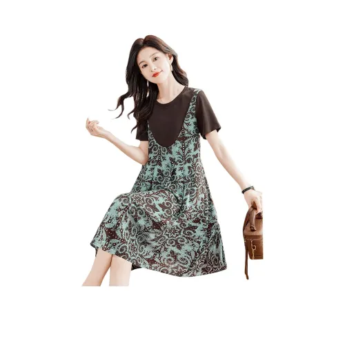 Cypress House Короткий рукав Платье Женское Кофейное Заклинание «Сжать обруч» Зеленый Низ Кофейный Цветы
