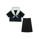 Белый и синий топ с короткими рукавами + узел "Золотая рыбка" + черная длинная юбка 65